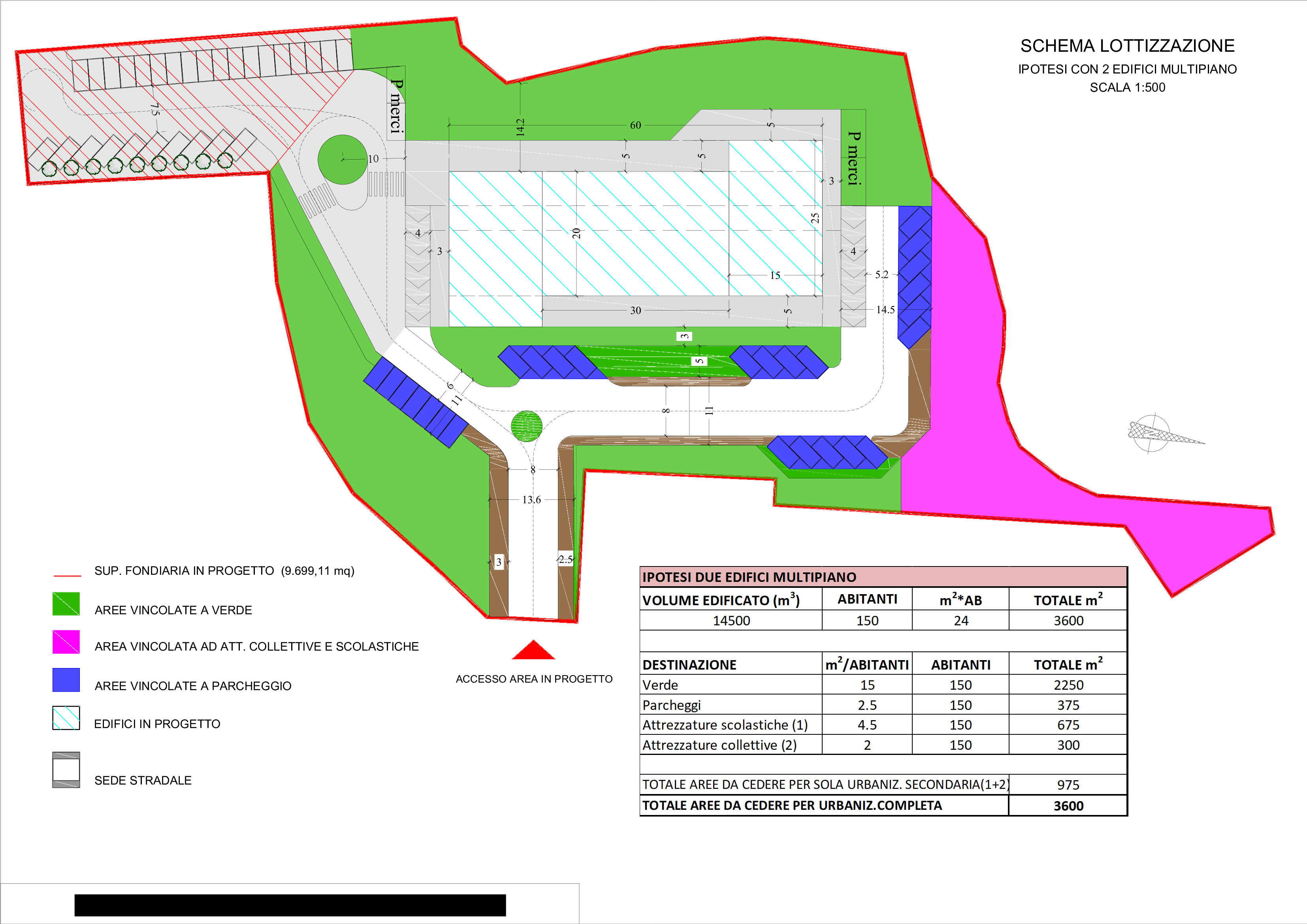 Masterplan preliminare del Residence La Briosa: planimetria dell'area con edifici residenziali, piattaforma commerciale, verde e parcheggi